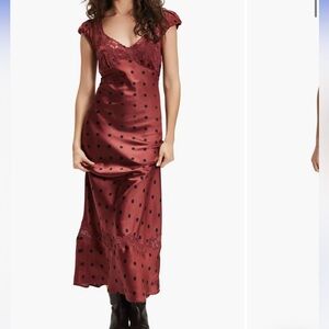 Free People Burgundy Polka Dot Lace-Trim Maxi Dress